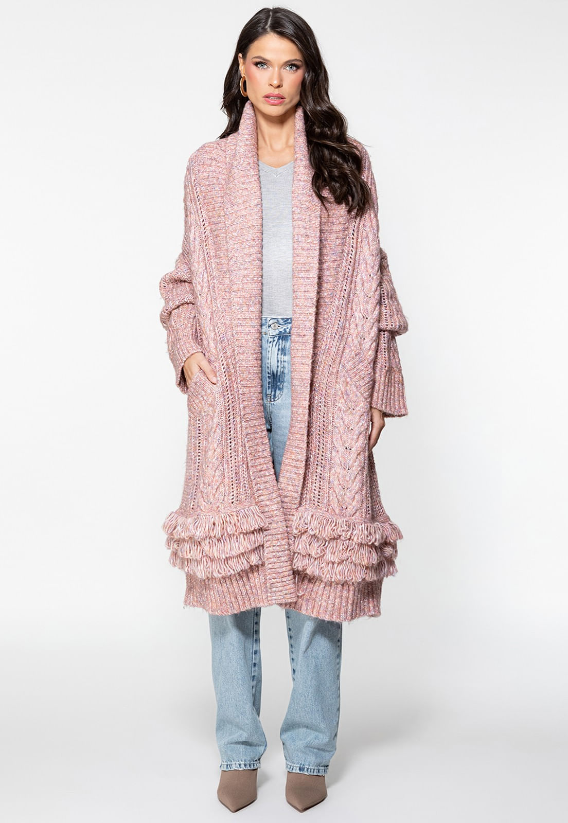 Cardigan de Tricot Longo Rosa Claro - Imagem 15