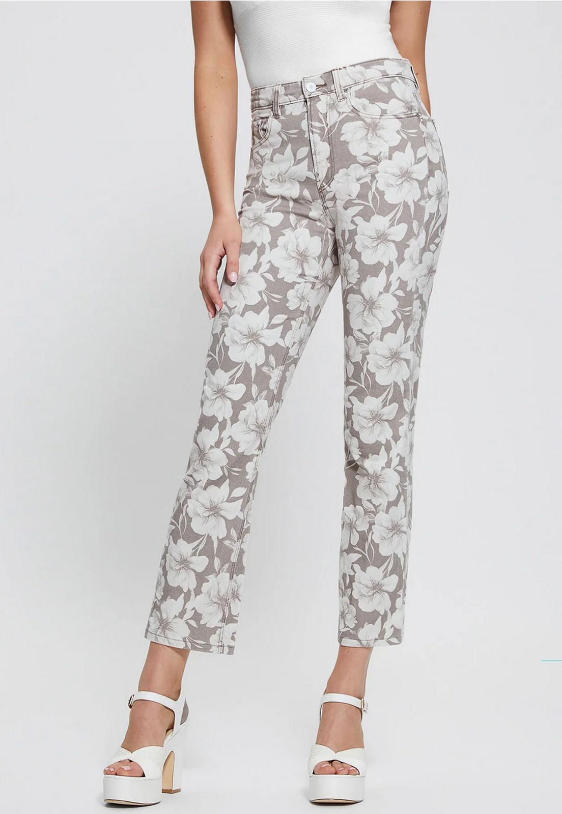 Calça Sarja Reta Flower Bege