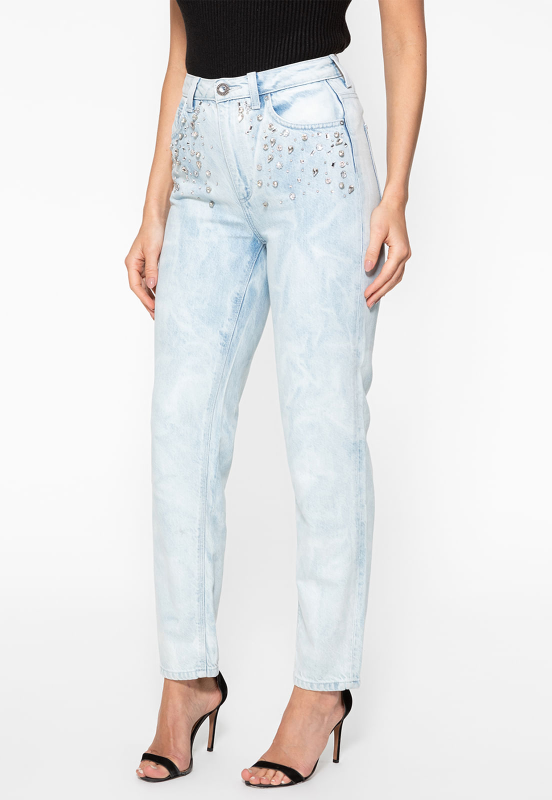 Calça Mom Jeans Eco Aplique Strass Azul Claro - Imagem 11