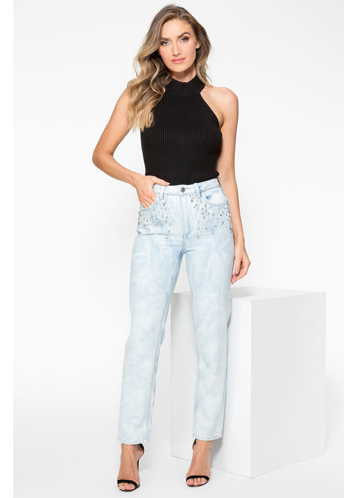 Calça Mom Jeans Eco Aplique Strass Azul Claro - Imagem 22