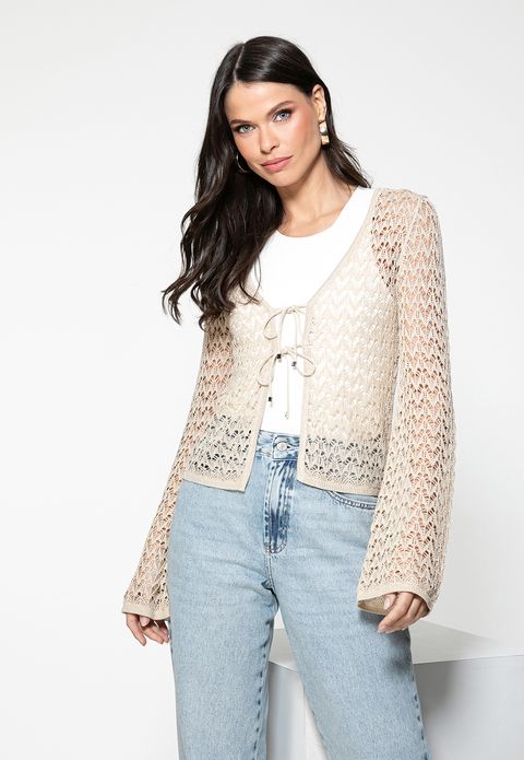 Cardigan Eco Lurex Rendado Dourado