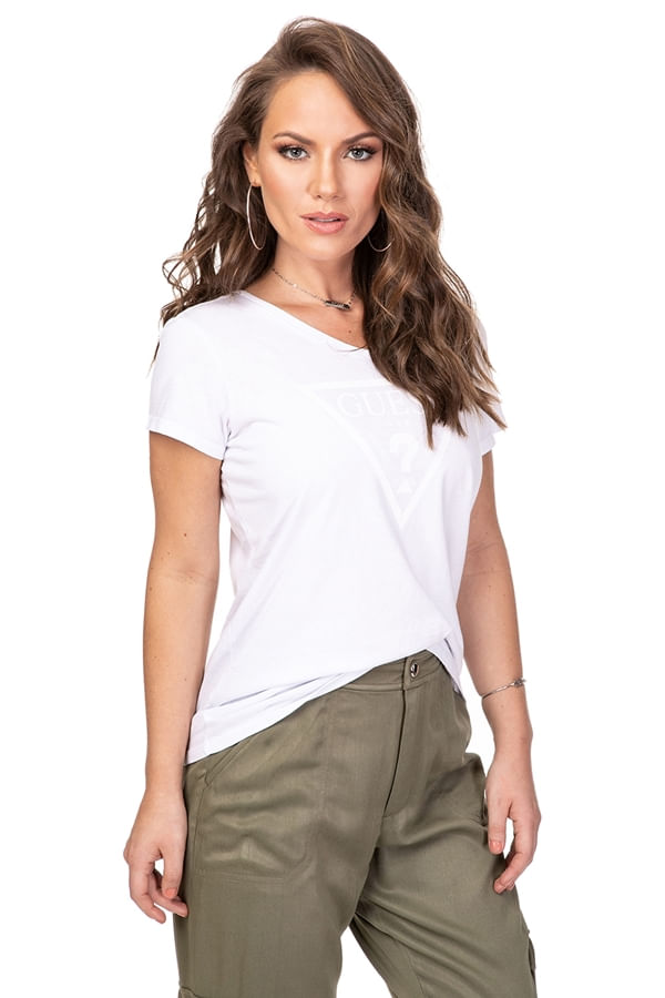 Camiseta Classica Guess Silk Logo Triangulo Branco