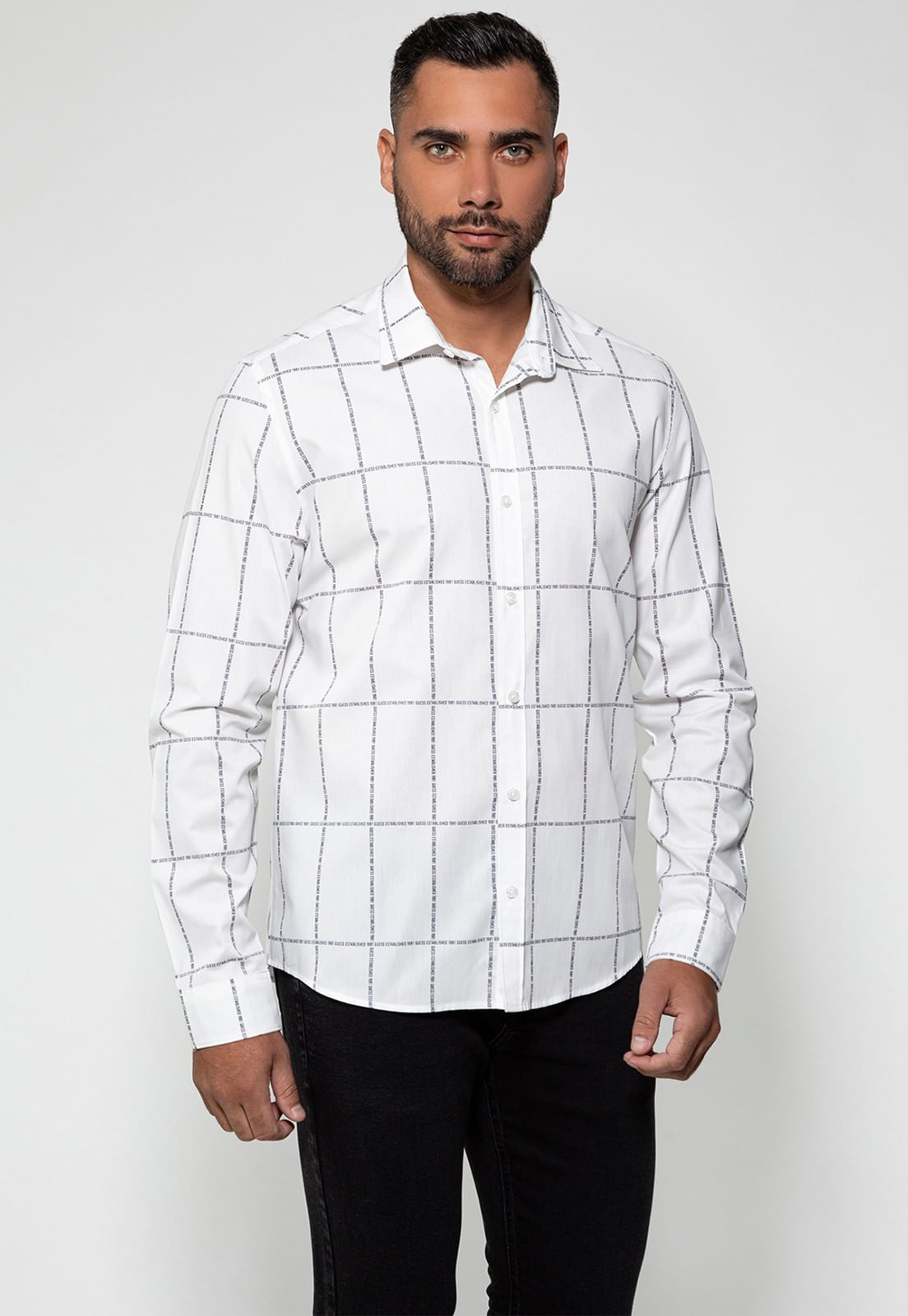 Camisa Manga Longa Grid Guess Branco