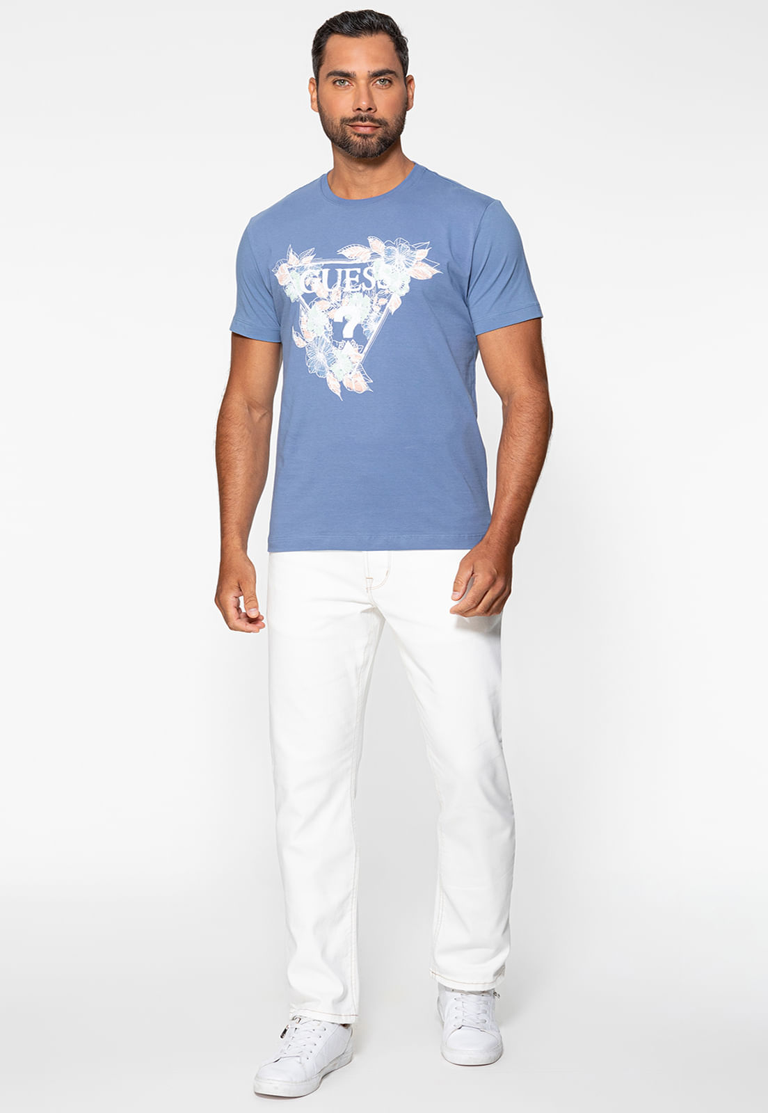 Camiseta Guess Triângulo Floral Bordado Azul Claro - Imagem 8