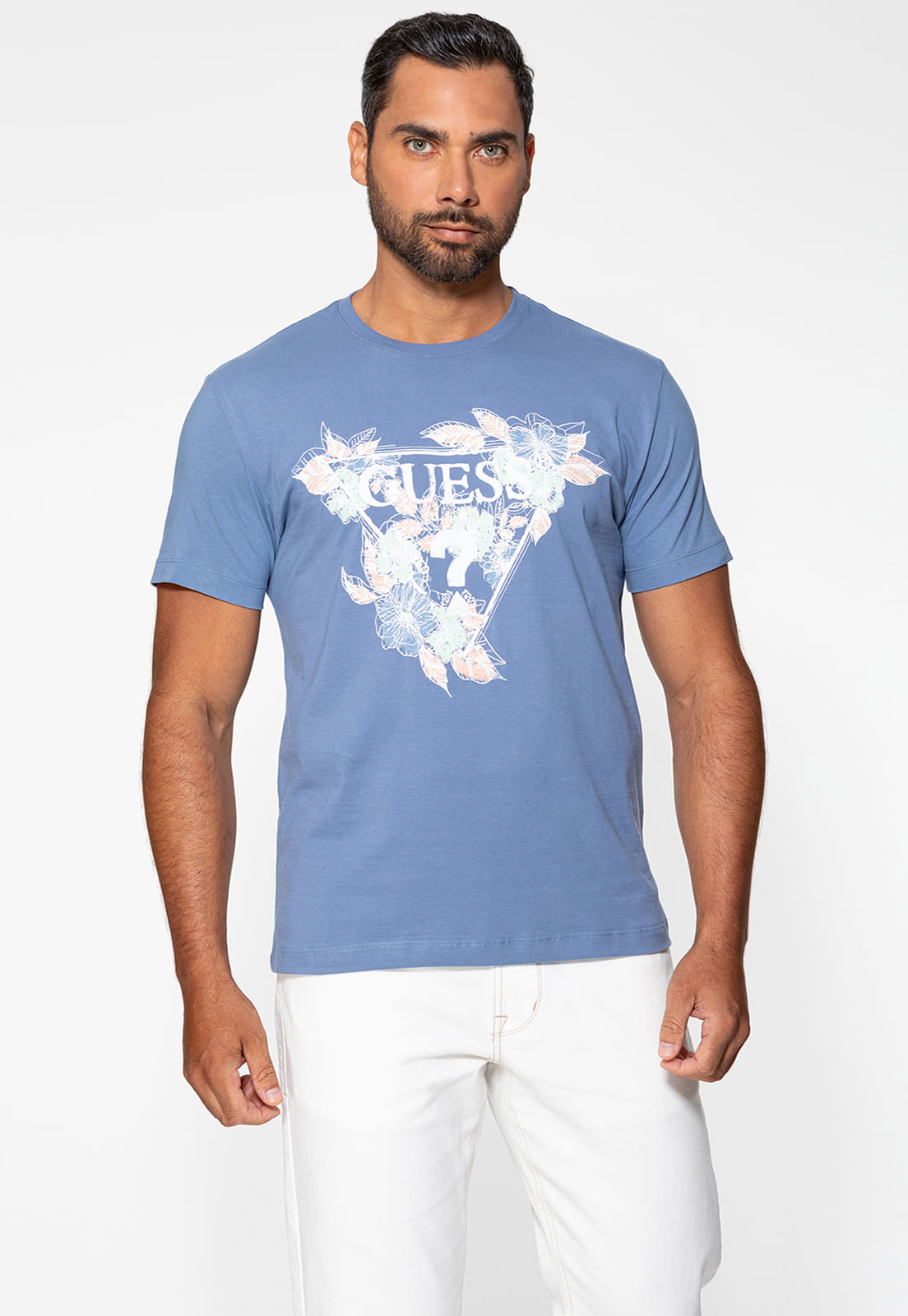 Camiseta Guess Triângulo Floral Bordado Azul Claro - Imagem 13