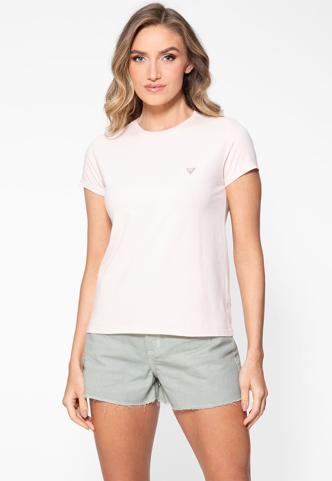 Camiseta Etiqueta Guess Triangulo Rosa Claro