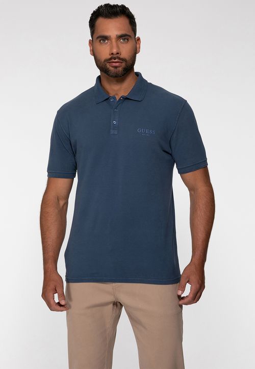 Camisa Polo Guess Silk Relevo Est 1981 Azul Escuro