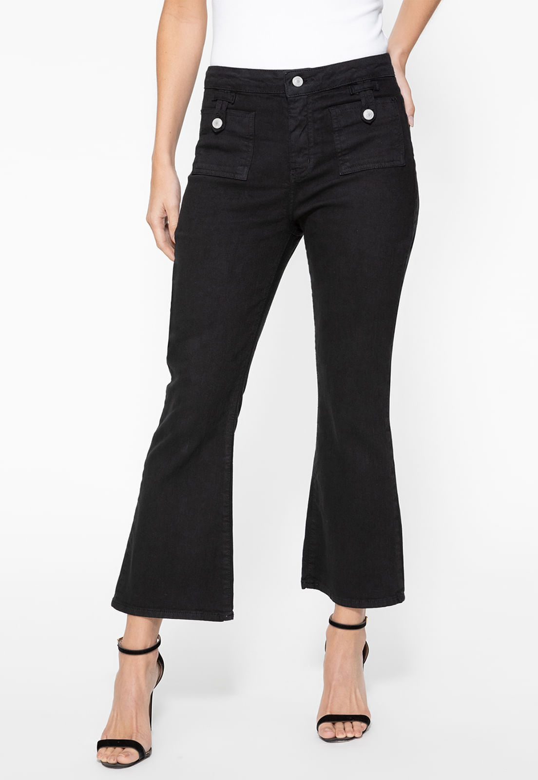 Calça de Sarja Flare Com Botões Preto - Imagem 15