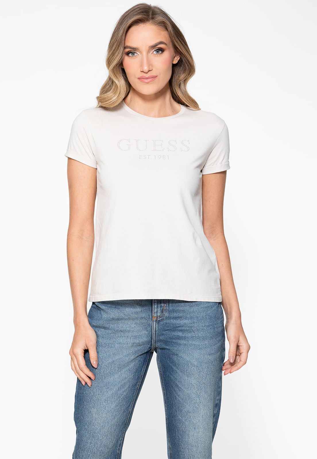 Camiseta Guess Manga Dobrada Hotfix Bege