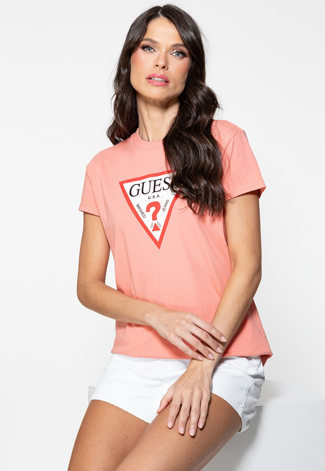 Camiseta Guess Triang Trad Desgastado Laranja Claro - Imagem 67
