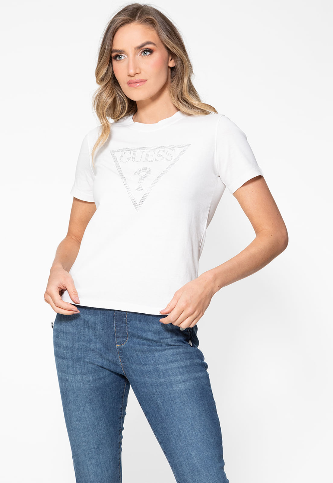 T-shirt Guess Triangulo Hot Fix Cristal Bege