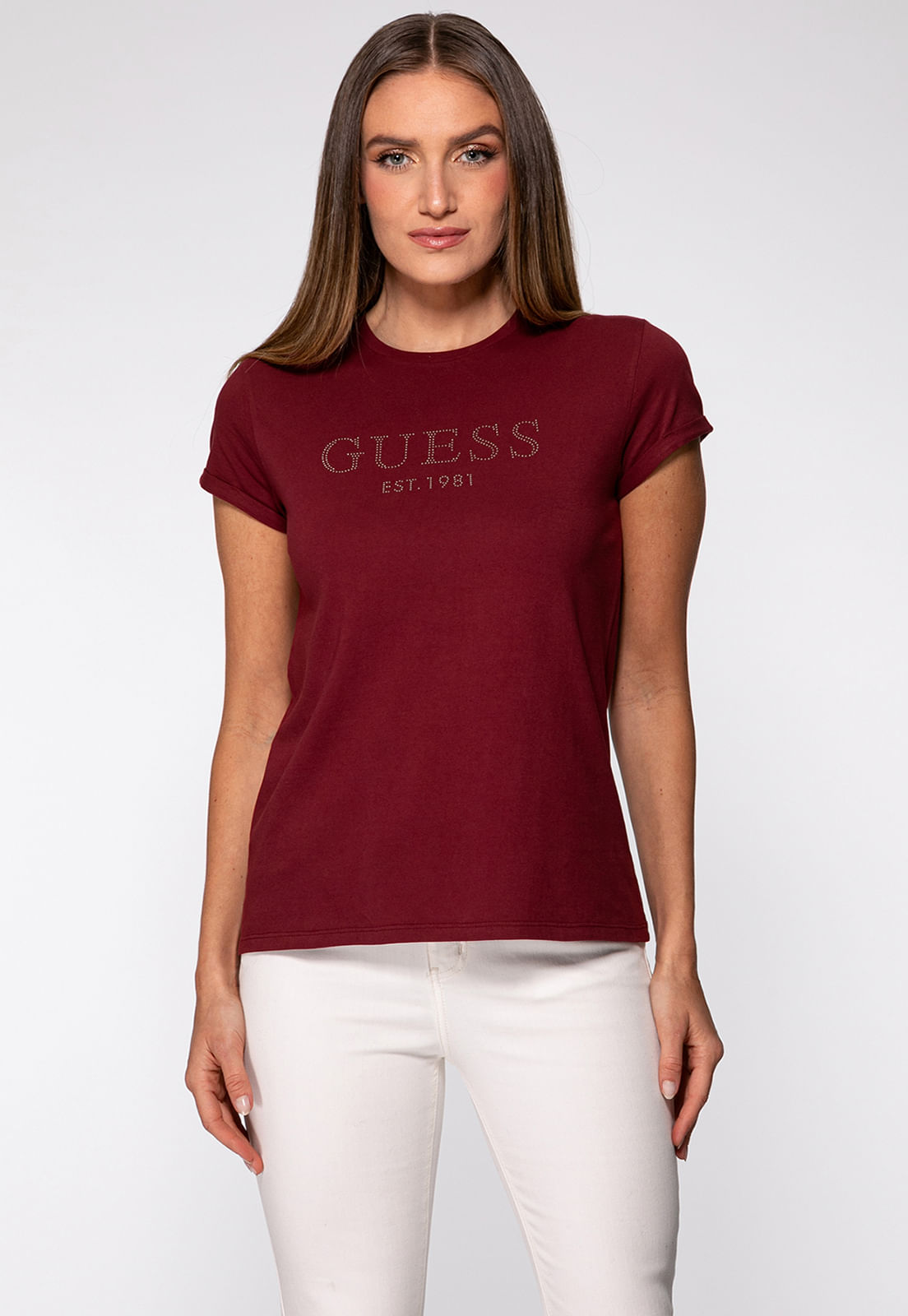 Camiseta Guess Manga Dobrada Hotfix Bordô