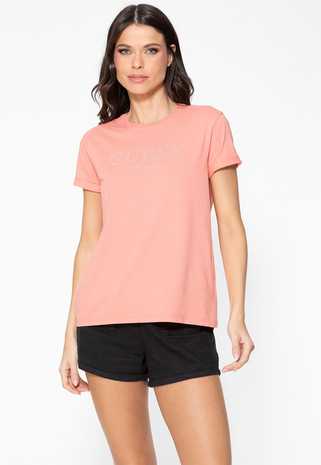 Camiseta Guess Manga Dobrada Hotfix Laranja Claro