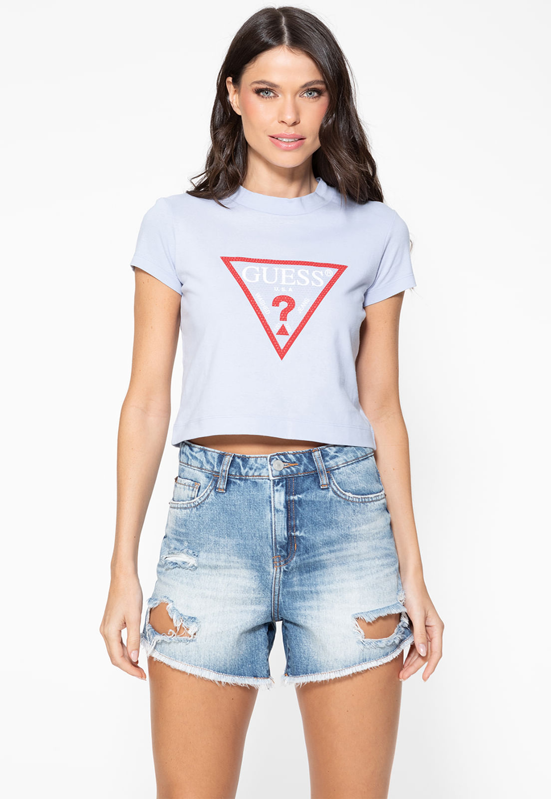 T-shirt Guess Triang Hotfix Cropped Azul Claro
