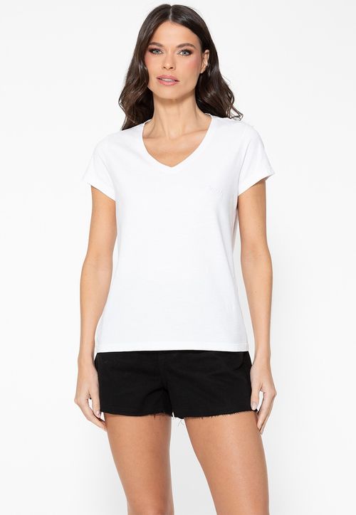 Camiseta Guess Dec V Bordado Cursivo Branco