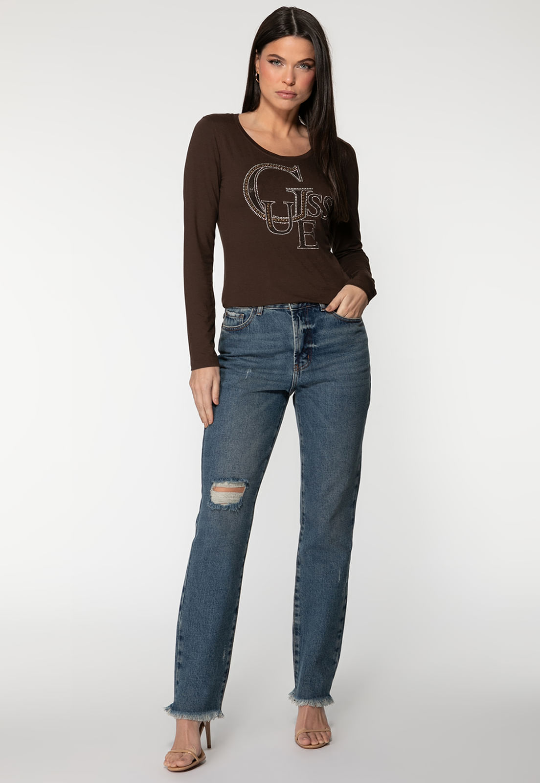 Camiseta Manga Longa GUESS Hotfix Marrom - Imagem 8