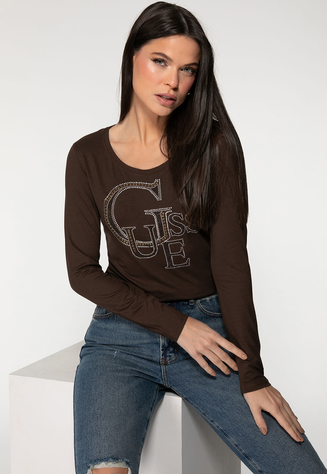 Camiseta Manga Longa GUESS Hotfix Marrom - Imagem 11