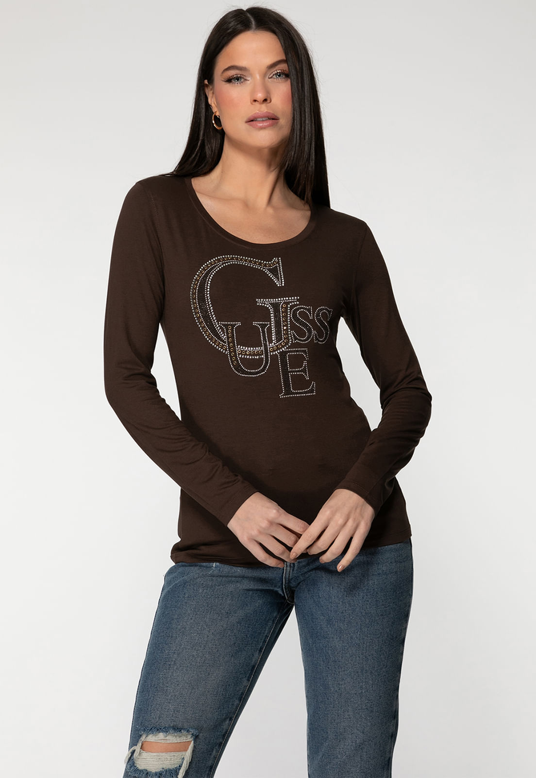 Camiseta Manga Longa GUESS Hotfix Marrom