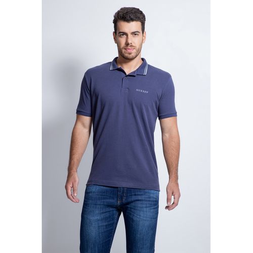 Camisa Polo Guess Silk Peito Frisos Gola Azul