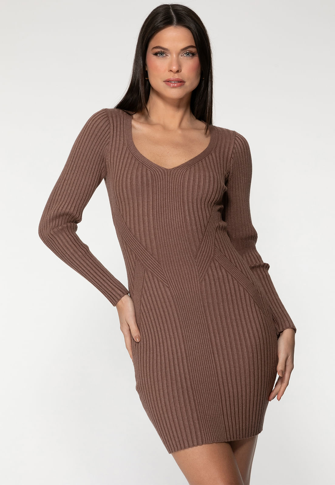 Vestido Tricot Canelado Marrom