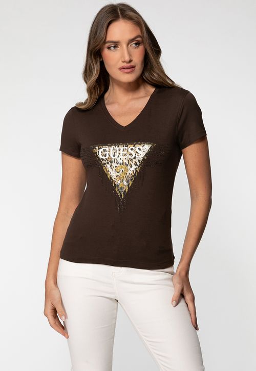 Camiseta Logo Animal Print Hotfix Marrom