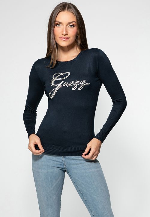 Blusa de Tricot Bordada Eco Azul Marinho