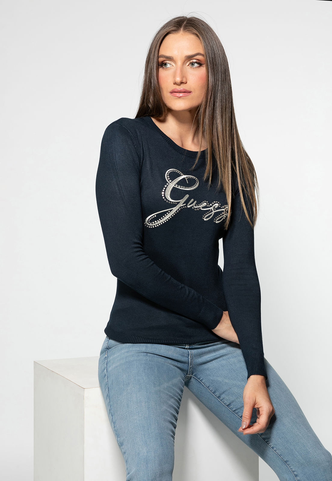 Blusa de Tricot Bordada Eco Azul Marinho - Imagem 5