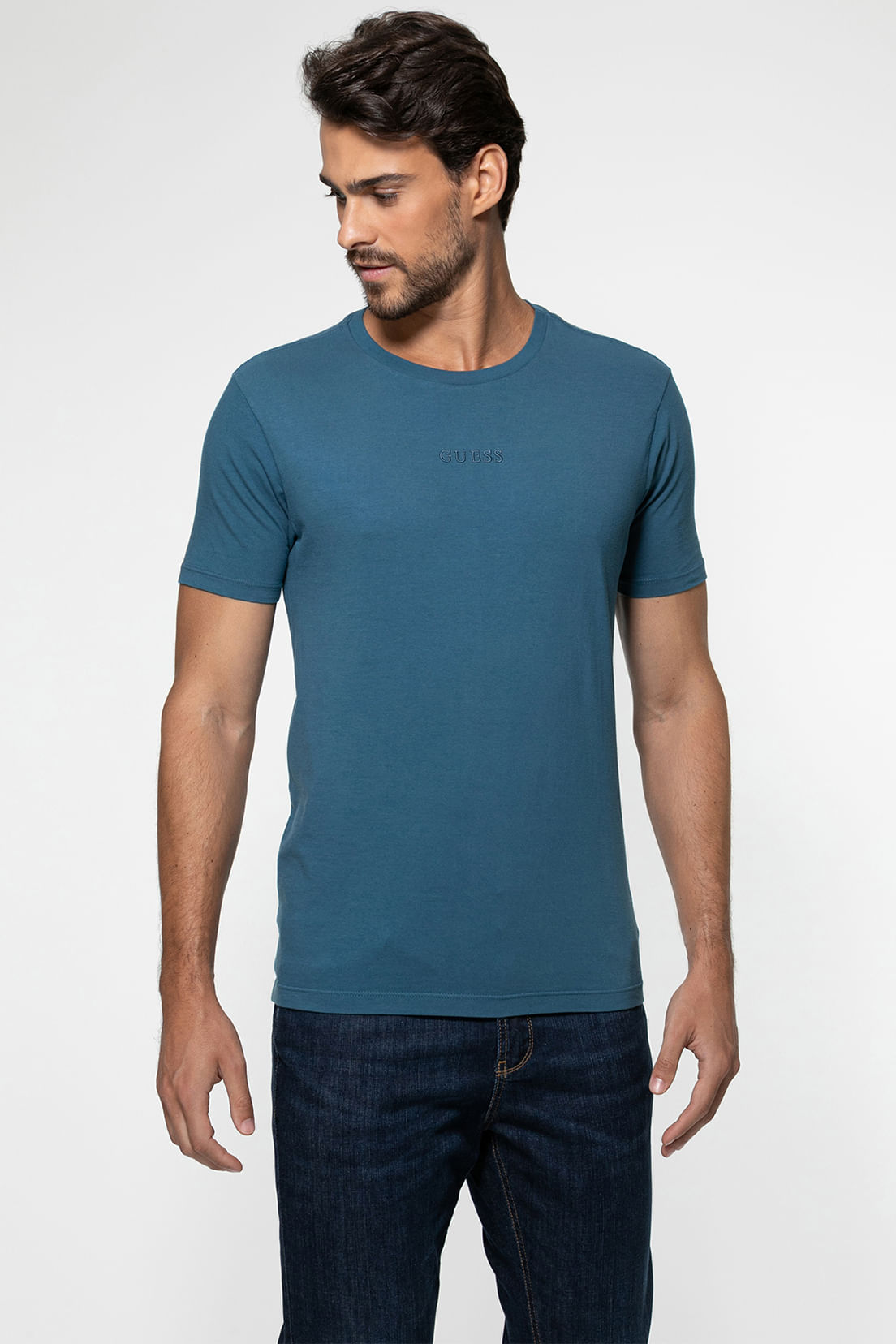 Camiseta Guess Bordado Centro Azul Petróleo