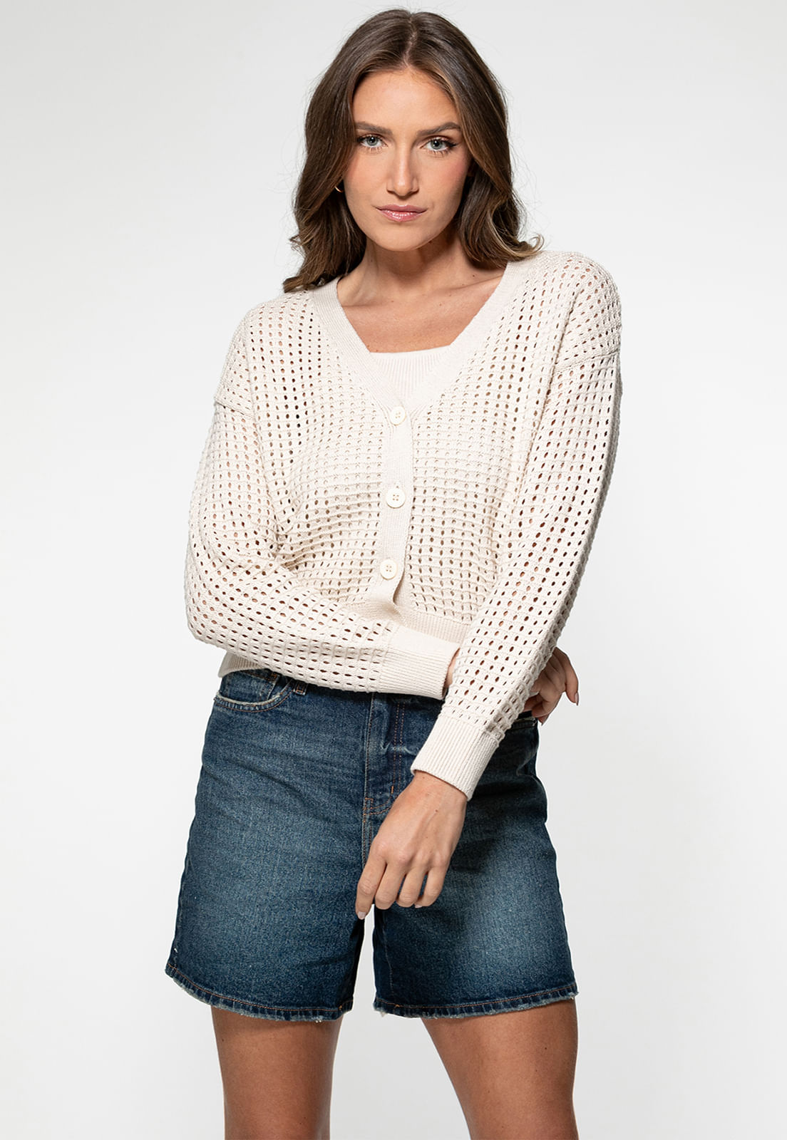 Cardigan Tricot Vazado Creme