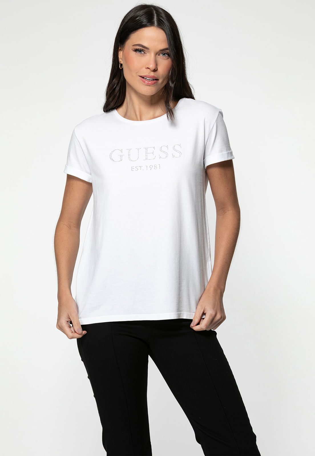 Camiseta Guess Manga Dobrada Hotfix Branco