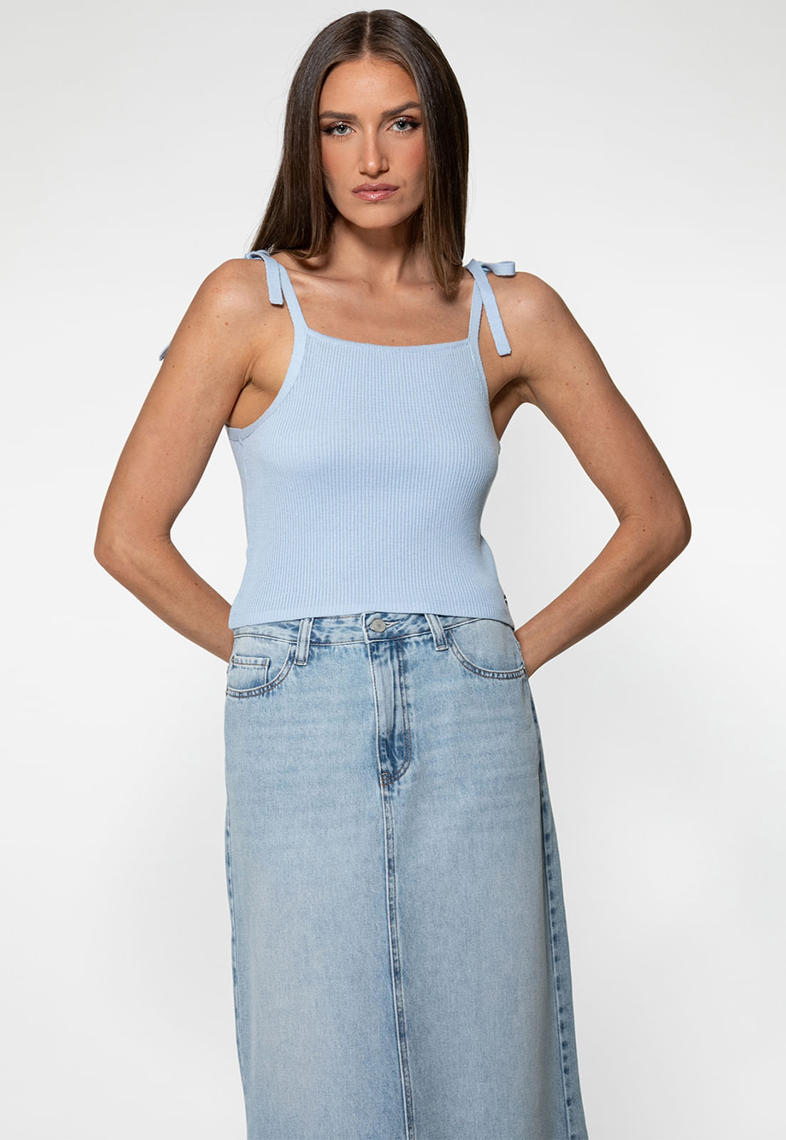 Regata Canelada Alça Laço Azul