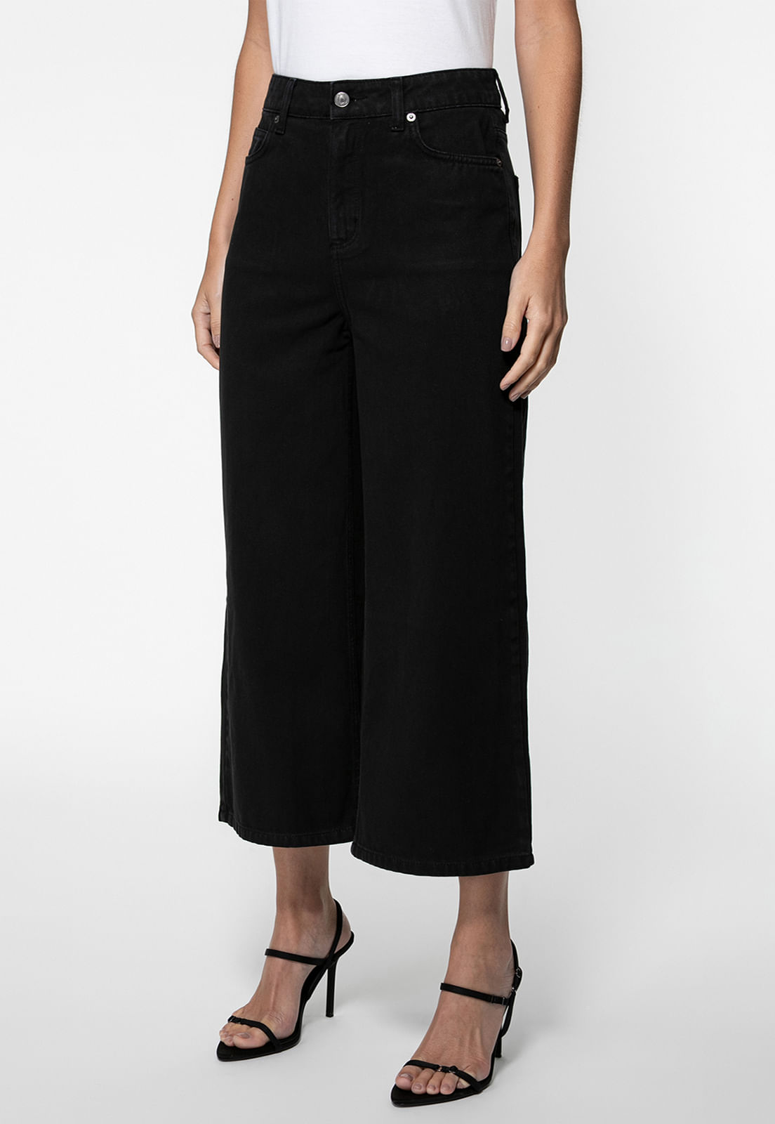 Calça Sarja Wide Leg Cropped Preto