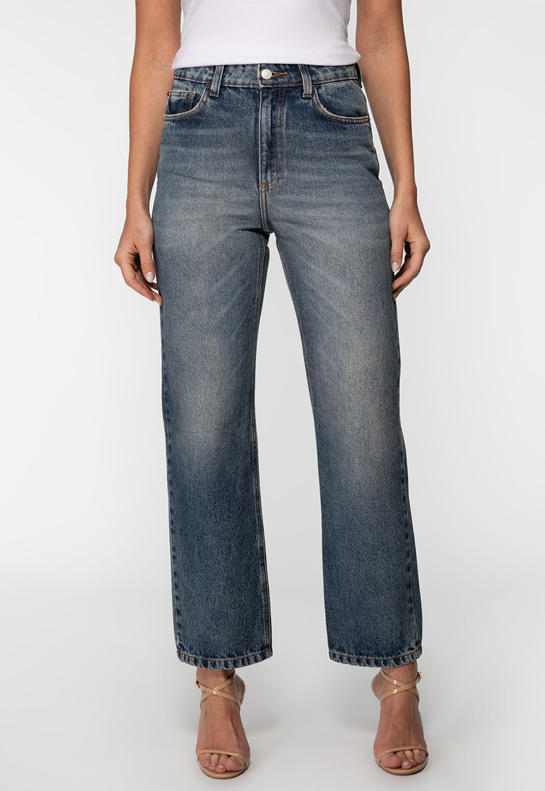 Calça Jeans Straight Leg Estonada Azul