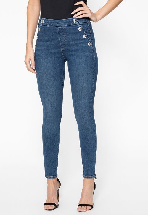 Calça Jeans Skinny Botões Laterais Azul Escuro