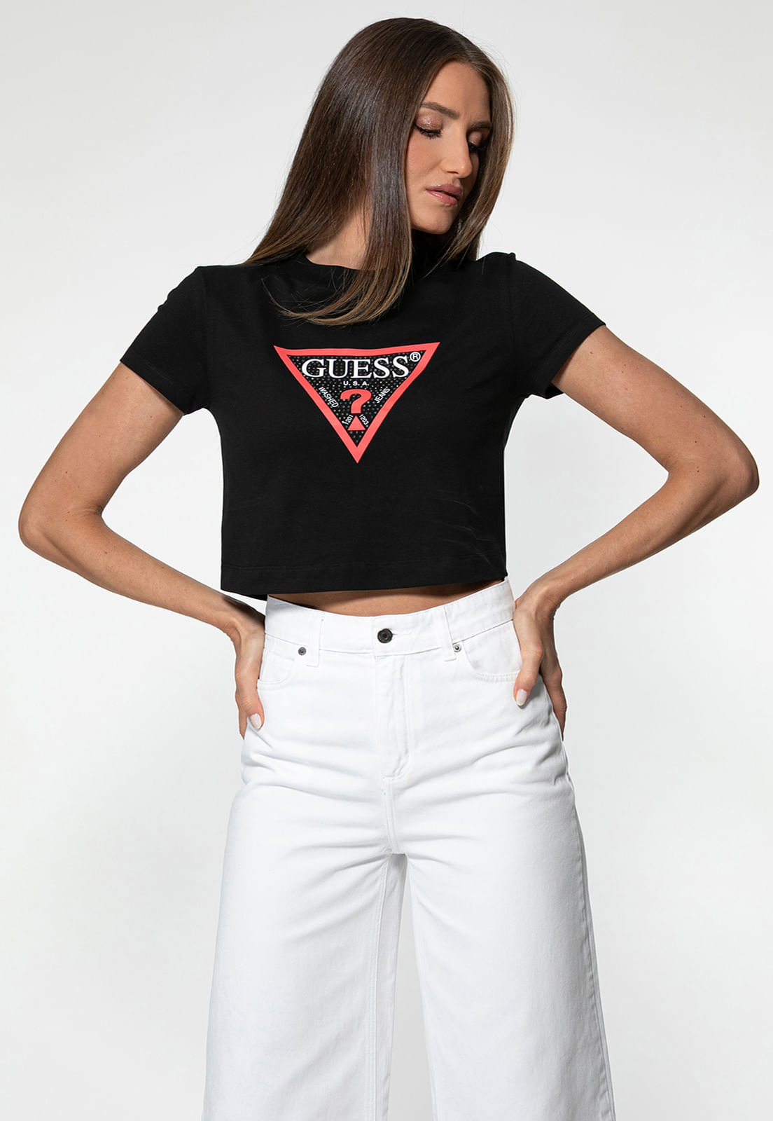Cropped Guess Triangulo Logo Hotfix Preto - Imagem 16