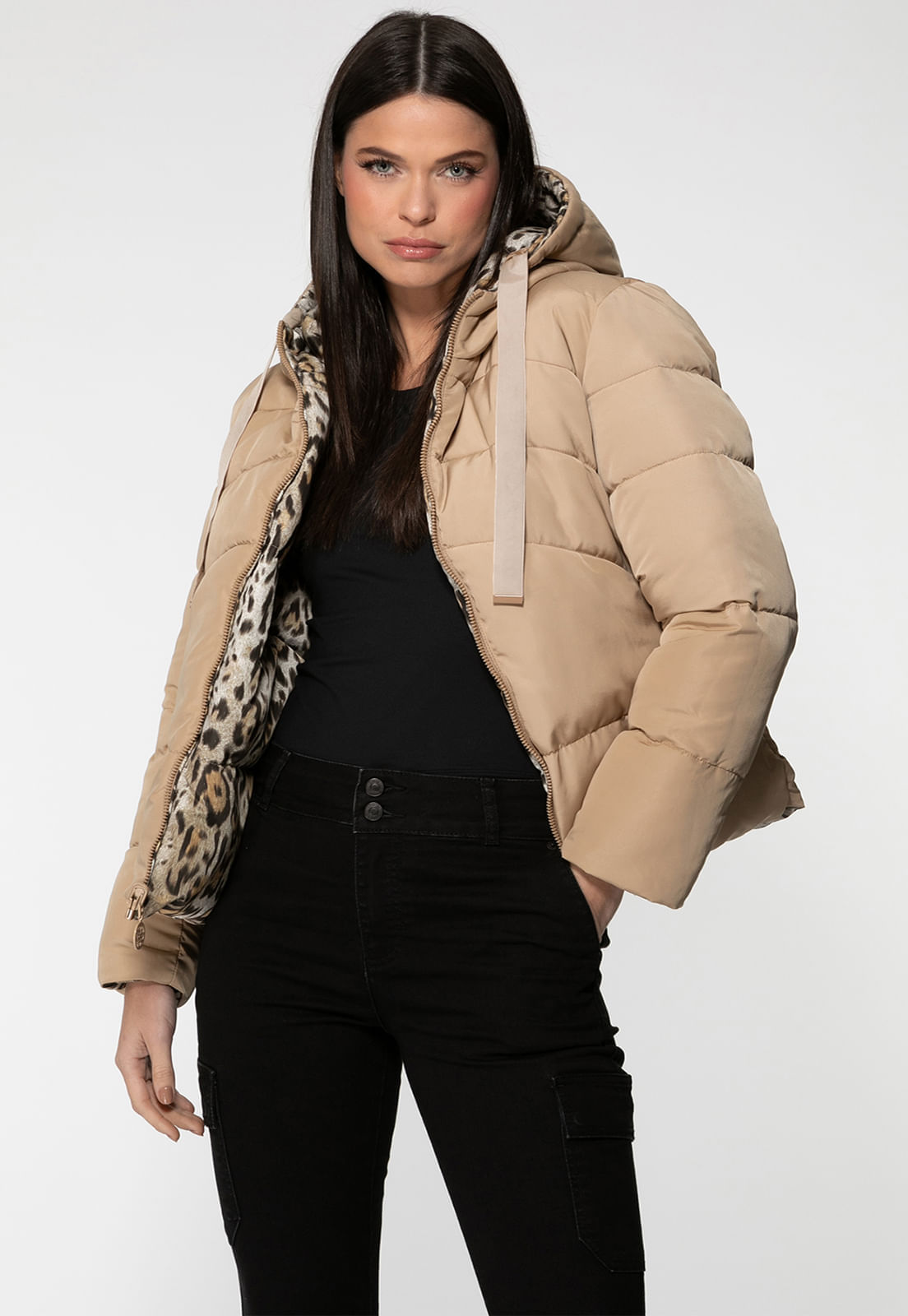 Jaqueta Puffer Eco Reversível Animal Print Marrom - Imagem 18