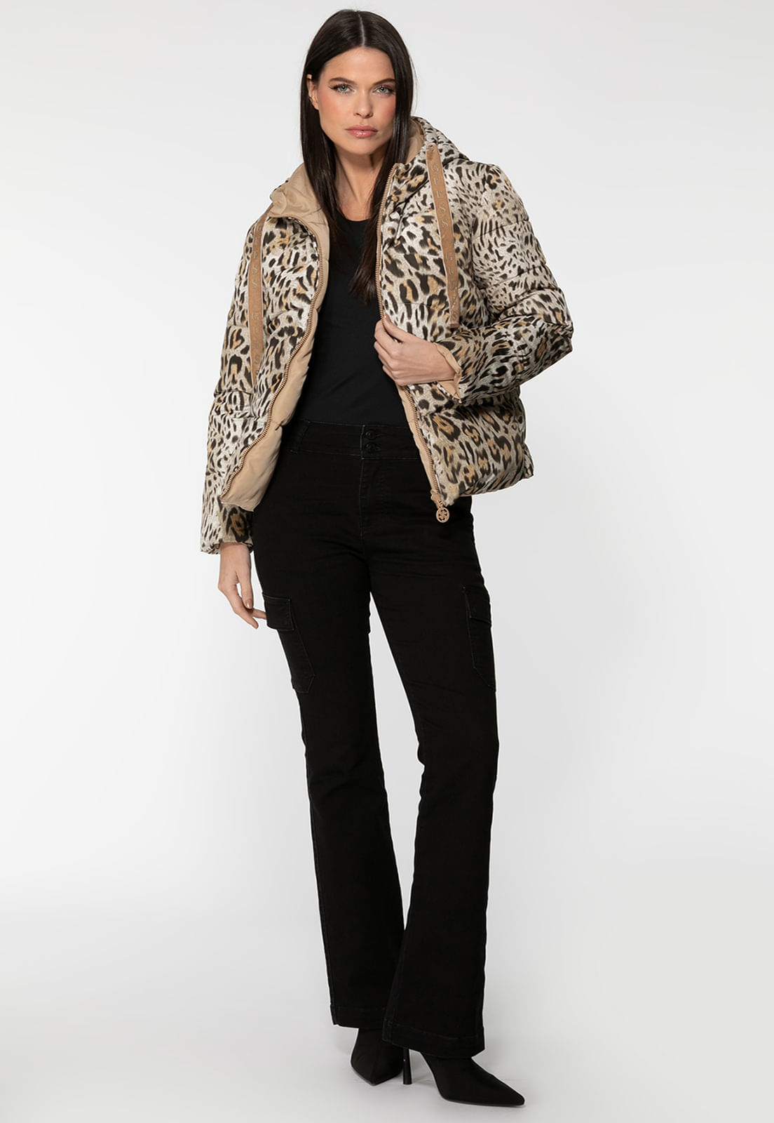 Jaqueta Puffer Eco Reversível Animal Print Marrom - Imagem 48