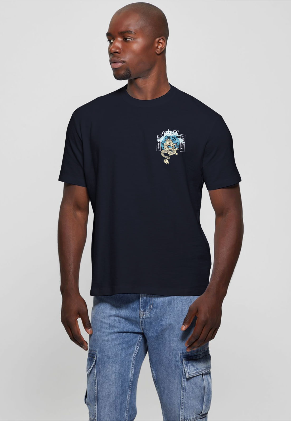 Camiseta Eco Guess Bordado Dragão Azul Escuro