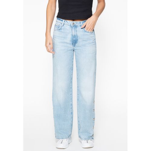 Calça Jeans Wide Leg Eco Fenda Botões Azul Claro