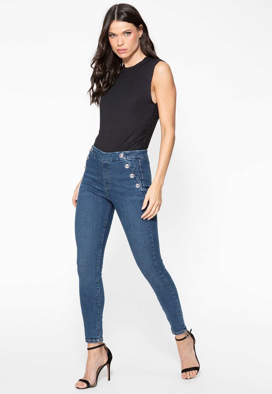 Calça Jeans Skinny Botões Laterais Azul Escuro - Imagem 52