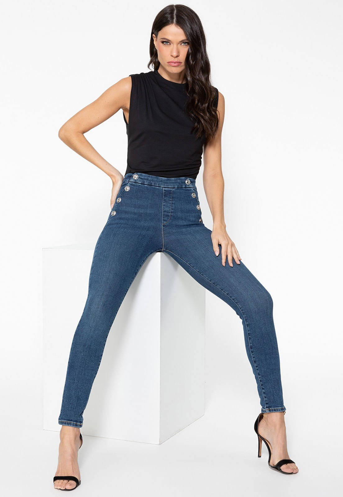 Calça Jeans Skinny Botões Laterais Azul Escuro - Imagem 56