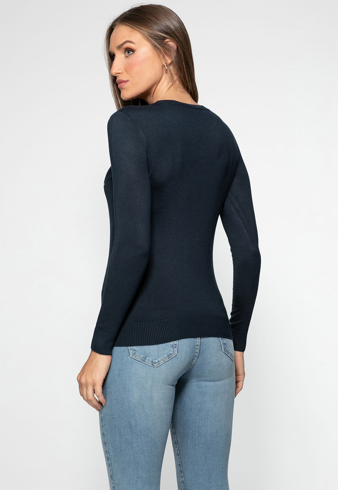 Blusa de Tricot Bordada Eco Azul Marinho - Imagem 11