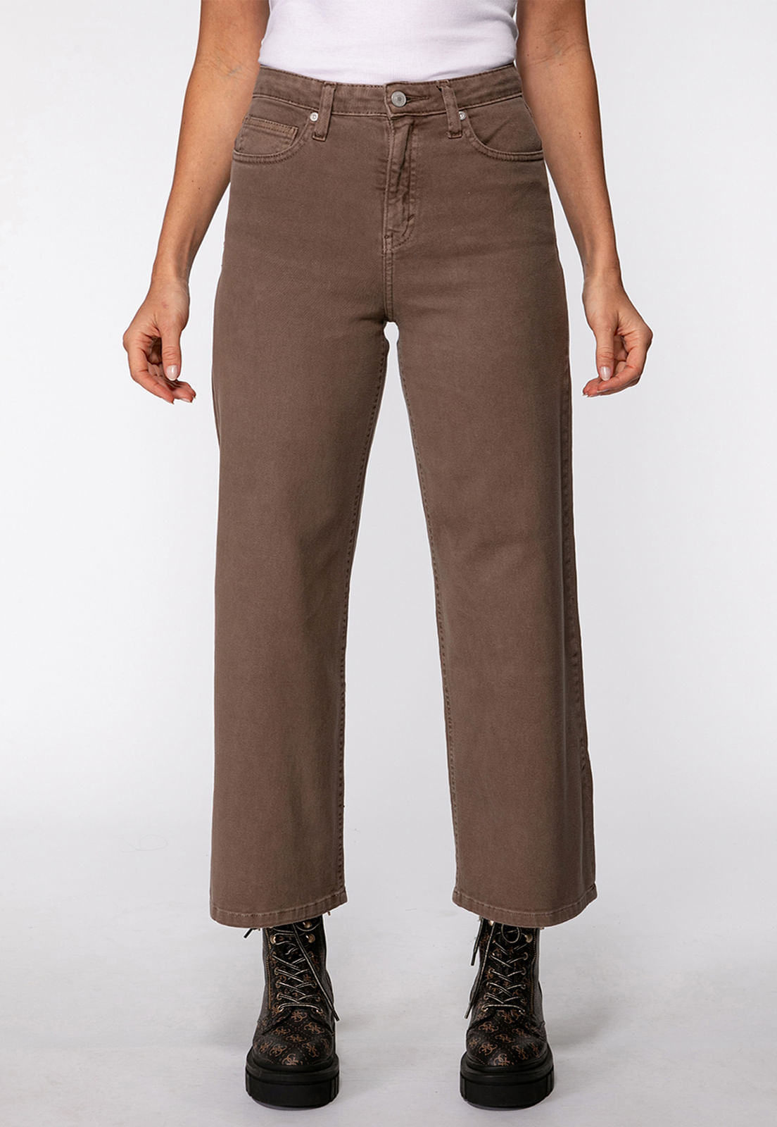 Calça de Sarja Wide Leg Marrom