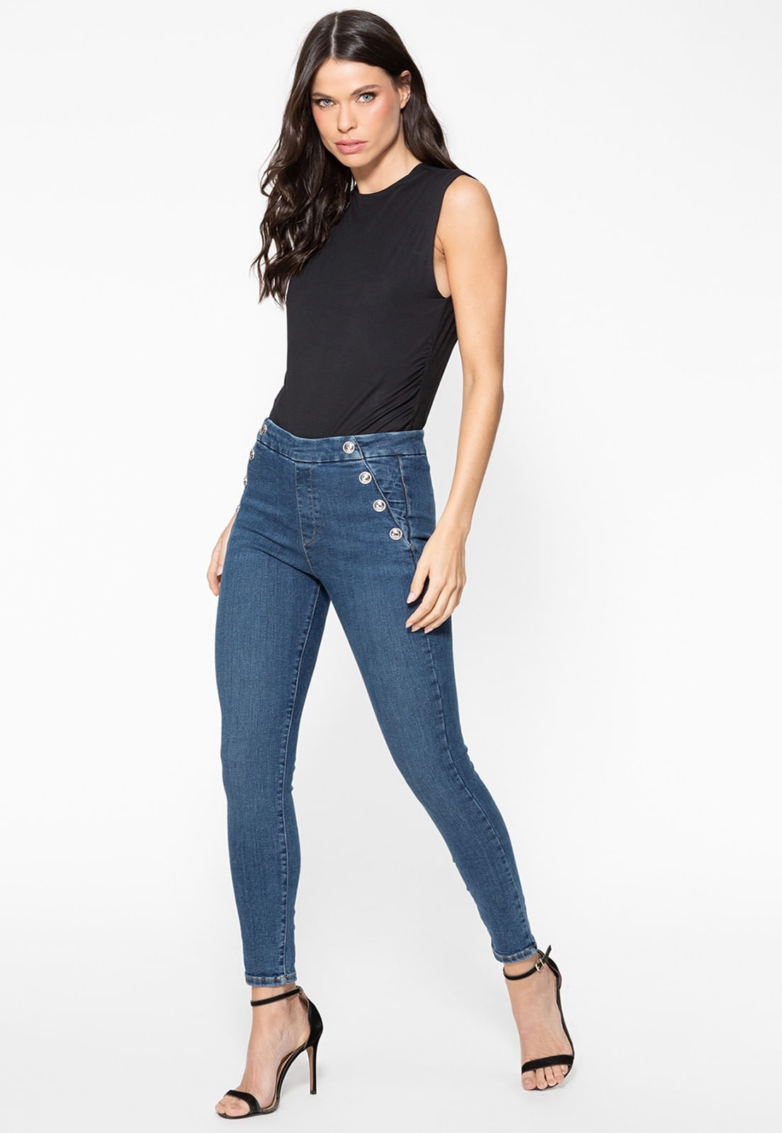 Calça Jeans Skinny Botões Laterais Azul Escuro - Imagem 30