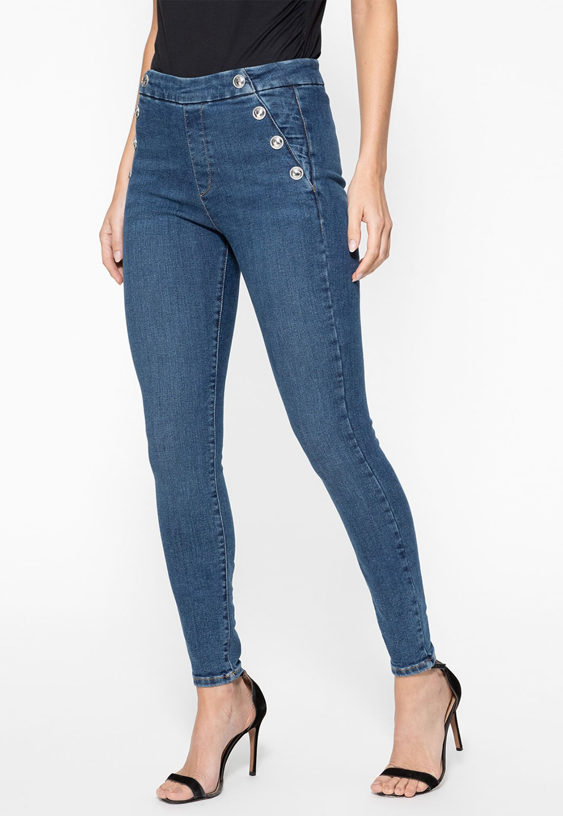 Calça Jeans Skinny Botões Laterais Azul Escuro - Imagem 45