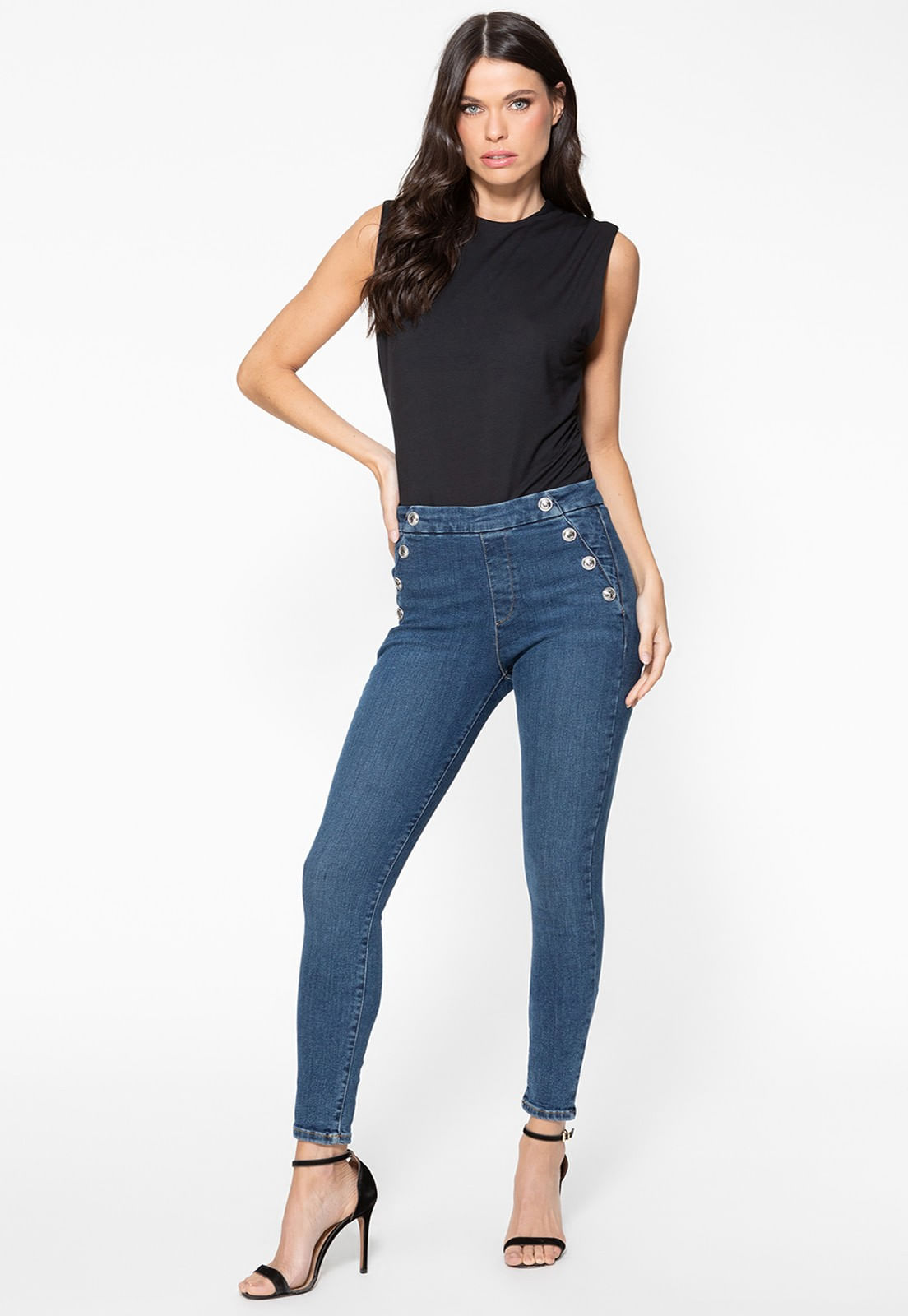 Calça Jeans Skinny Botões Laterais Azul Escuro - Imagem 77