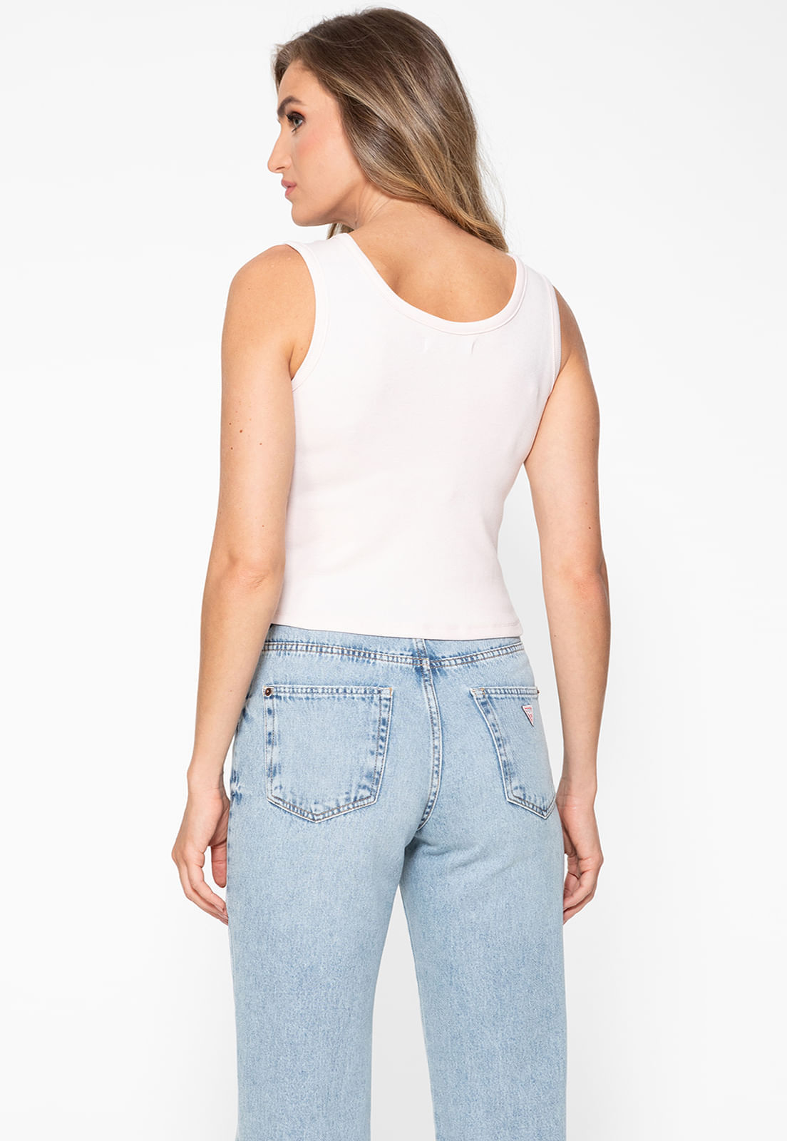 Regata Guess Rib Triang Hot Fix Cropped Rosa Claro - Imagem 49
