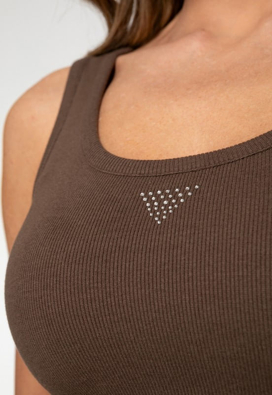 Regata Guess Rib Triang Hot Fix Cropped Marrom - Imagem 56