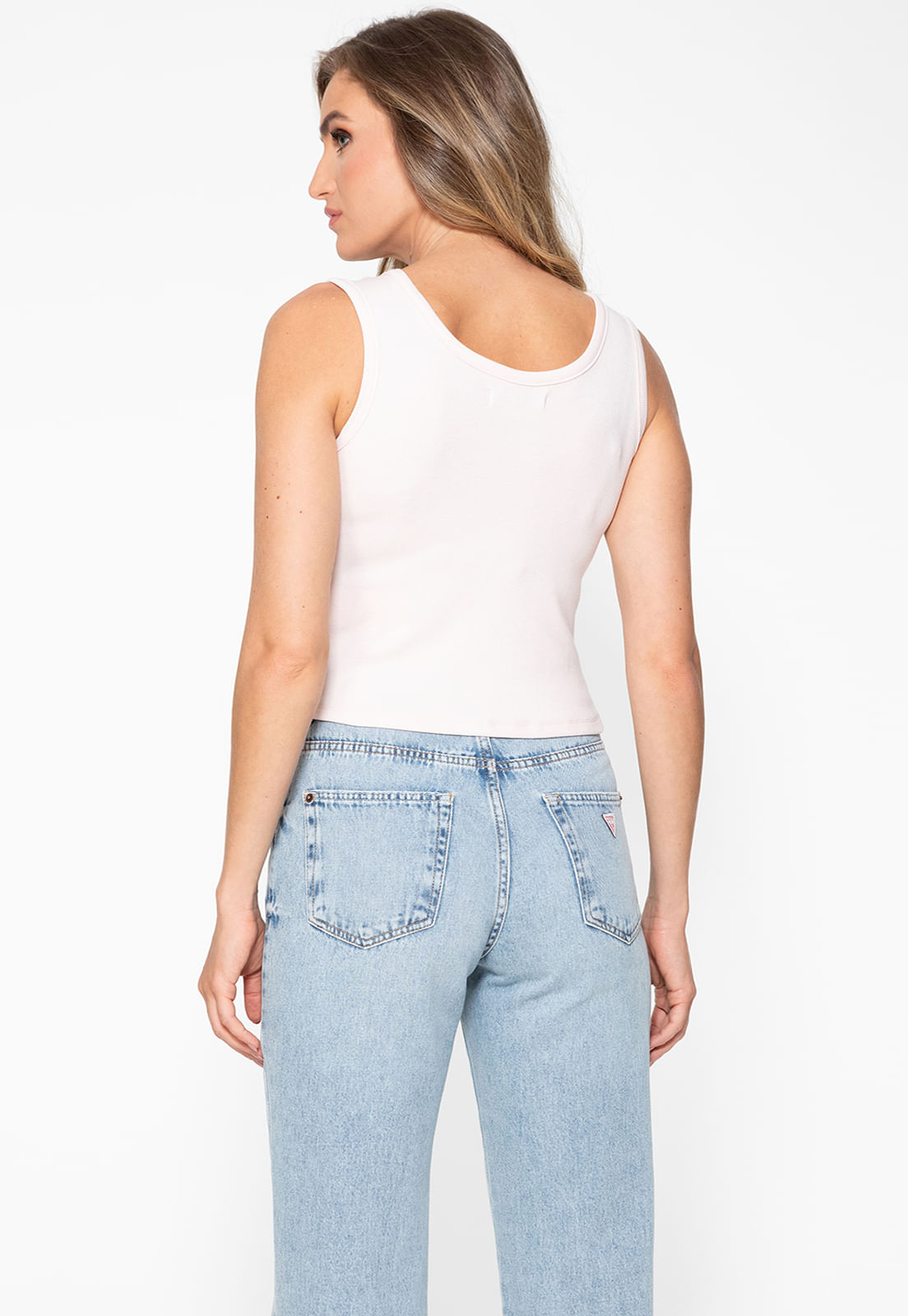 Regata Guess Rib Triang Hot Fix Cropped Rosa Claro - Imagem 42