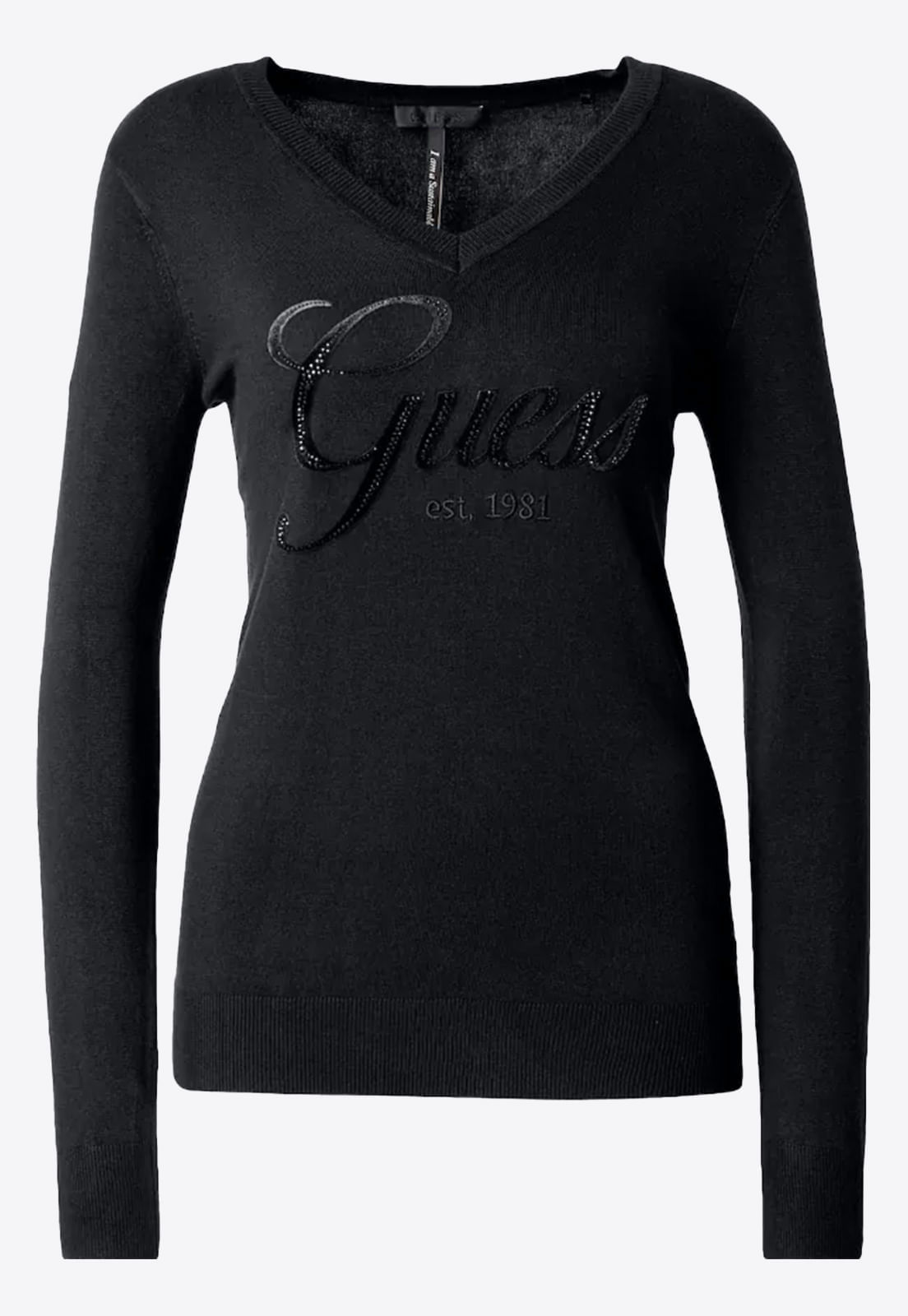 Suéter de Tricot Guess Dec V Bordado E Hot Fix Preto - Imagem 8